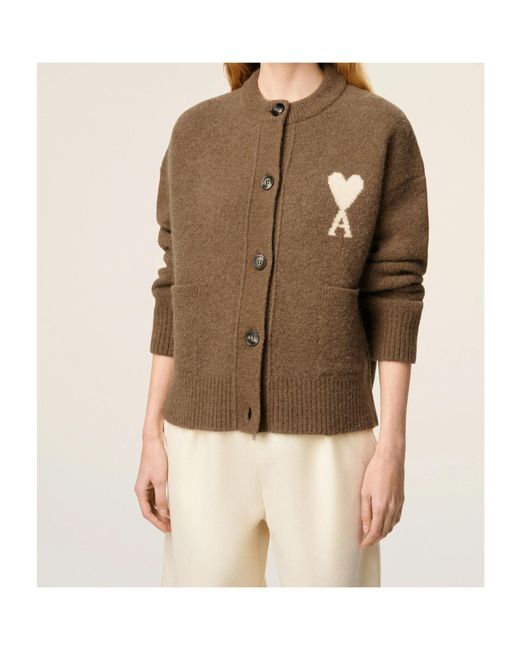 AMI Brown Logo Detailed Knitted Cardigan for men