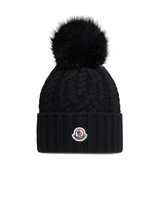 Moncler Black Wool Cashmere Blend Beanie With Pom Pom