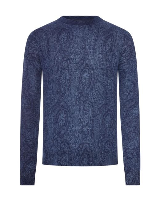 Etro Blue Pattern-Printed Crewneck Jumper for men