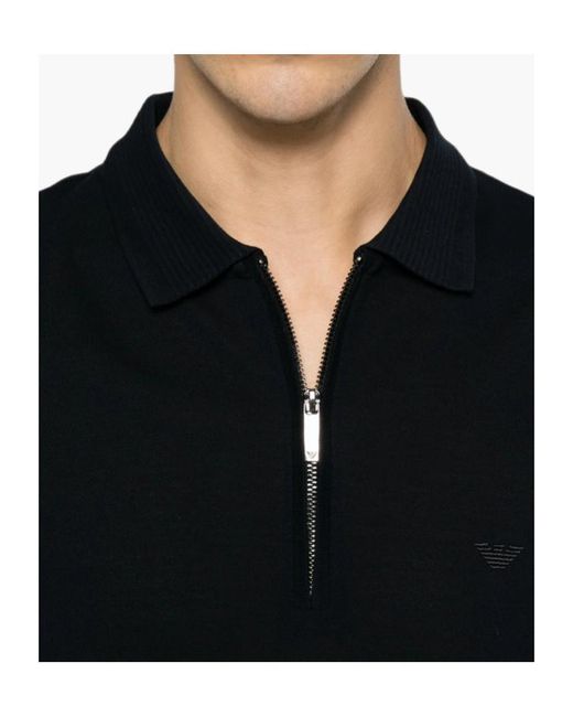 Emporio Armani Black Zip-Fastening Logo-Embroidered Polo Shirt for men