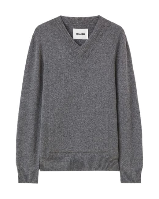 Jil Sander Gray V-Neck Ribbed Jumper for men