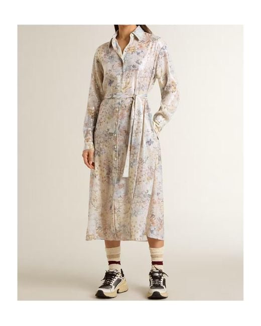 Golden Goose Deluxe Brand White Floral Printed Sequinned Belted Shirt Dress