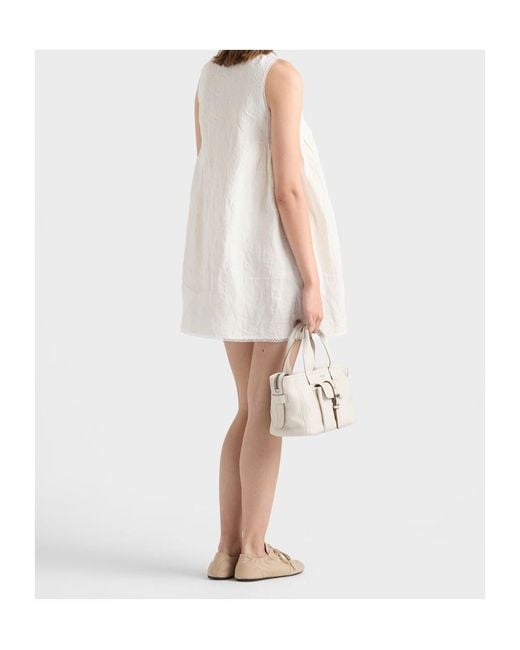 Prada White Embroidered Slubbed Canvas Mini-Dress