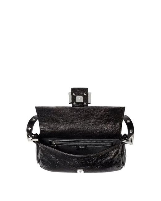 Fendi Black Baguette Ff Buckle Cracked Shoulder Bag