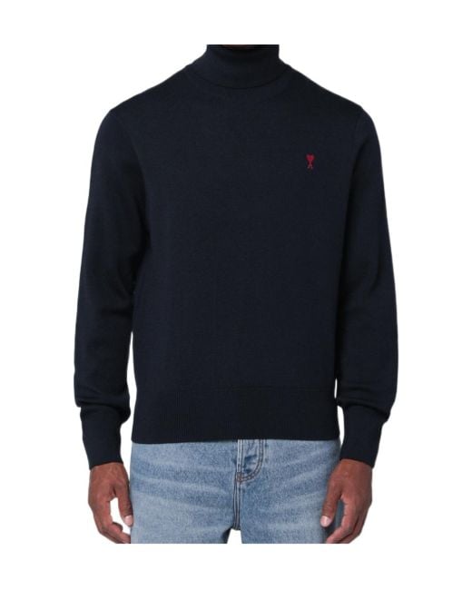 AMI Blue Heart-Embroidered Turtleneck Sweater for men