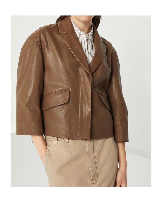 Brunello Cucinelli Brown Embellished Polished Leather Outerwear Blazer