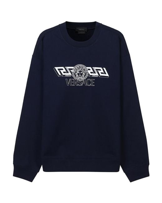 Versace Blue Logo-Print Crew Neck Jumper for men