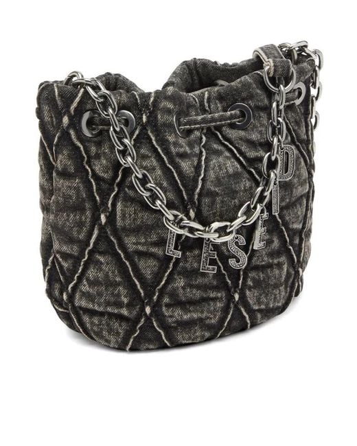 DIESEL Black Charm-D Quilted Denim Bucket Bag