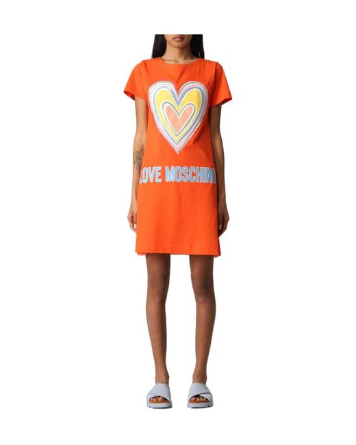 Moschino Orange Printed Pattern Short-Sleeved Slim Dress
