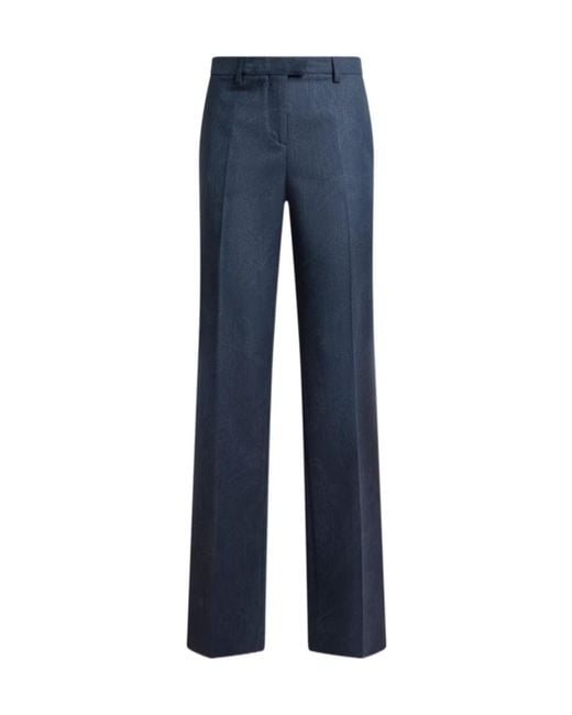 Etro Blue Wool Jacquard Trousers With Paisley Motif