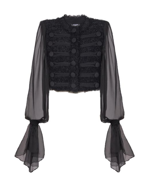 Balmain Black Chiffon-Sleeve Tweed Jacket