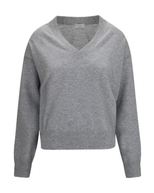 Brunello Cucinelli Gray V-Neck Cashmere Sweater