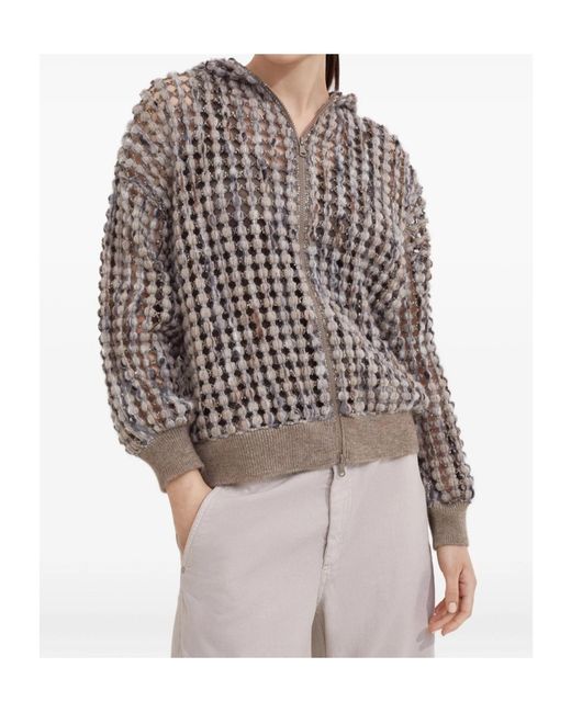 Brunello Cucinelli Brown Sequin Embellished Zip-Up Cardigan