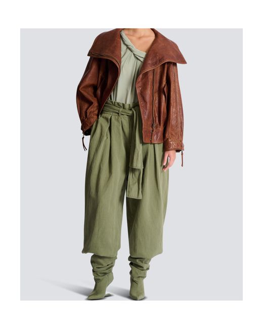 Balmain Green High-Waist Belted Wide-Leg Pants