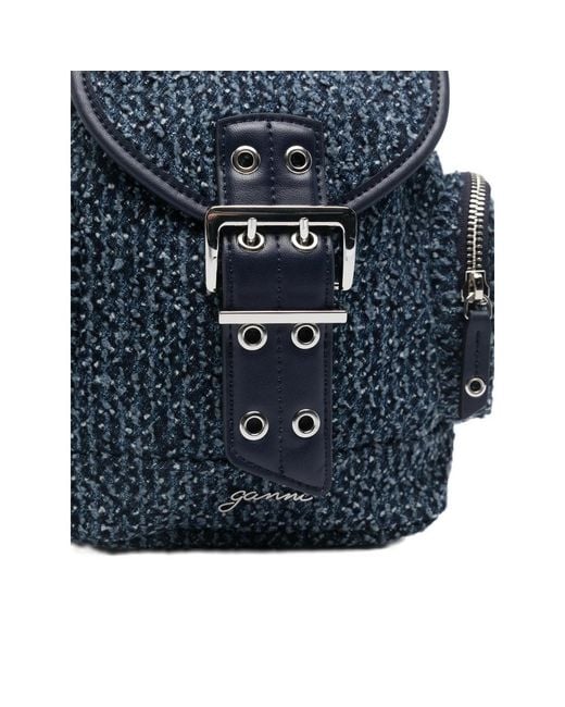 Ganni Blue Buckle Fastened Drawstring Backpack