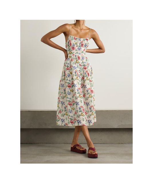 Doen White Benoit Gathered Tiered Floral-Print Ramie Midi Dress