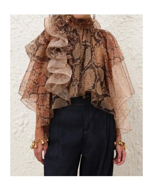 Zimmermann Brown Ruffled Snakeskin-Print Blouse