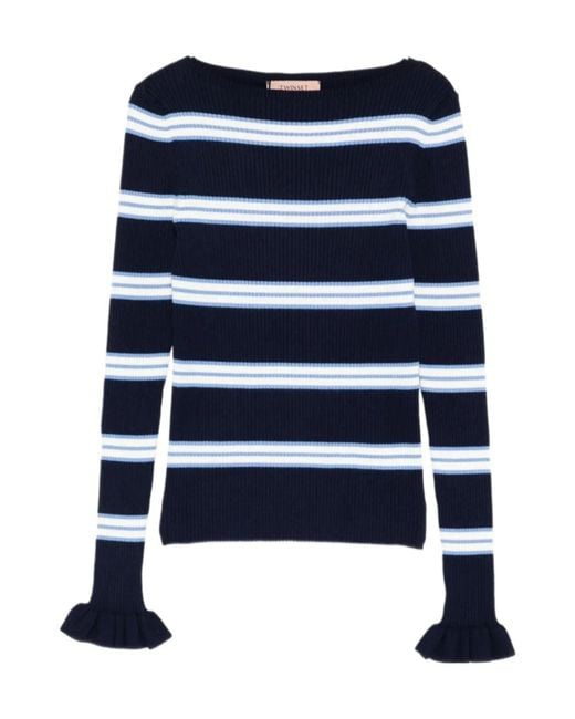 Twinset Blue Ruffled Cuff Striped Knitted Sweater