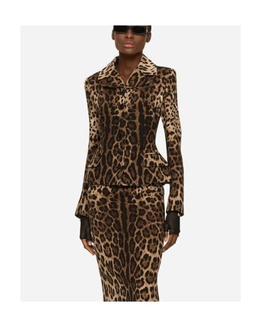 Dolce & Gabbana Brown Single-Breasted Double Crepe Jacket With Leopard Print
