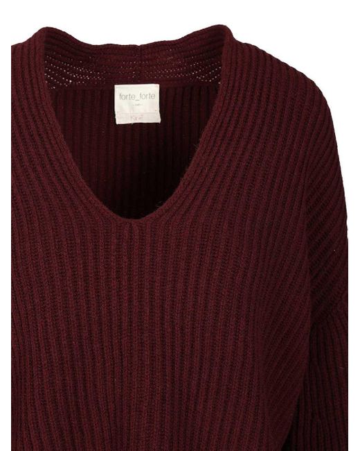 Forte_forte Red V-Neck Ribbed Knitwear