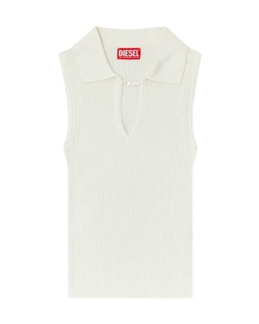 DIESEL White Sleeveless Rib-Knit Polo Top