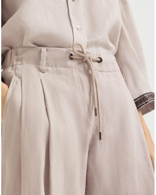 Brunello Cucinelli Natural Linen Drawstring Wide-Leg Trousers