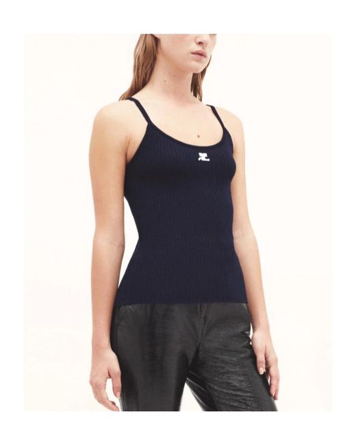 Courreges Blue Courrèges Logo Embroidered Ribbed Sleeveless Top