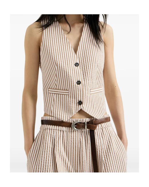 Brunello Cucinelli White Techno-Cotton Striped Seersucker Vest With Monili