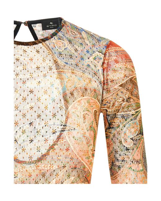 Etro Natural Paisley Foliage Print Tulle Bodysuit