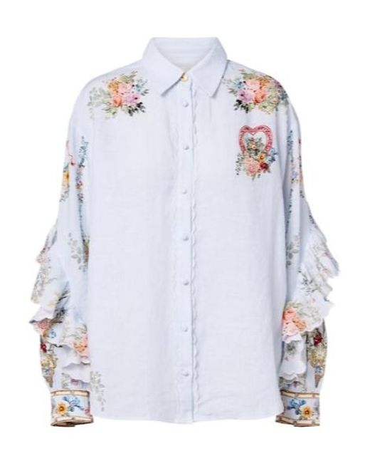 Camilla White Floral Ruffled Linen Shirt