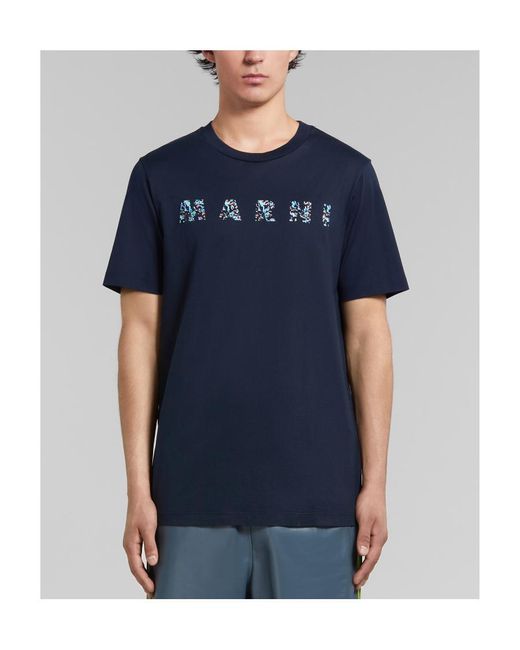 Marni Blue Logo Printed Crewneck T-Shirt for men
