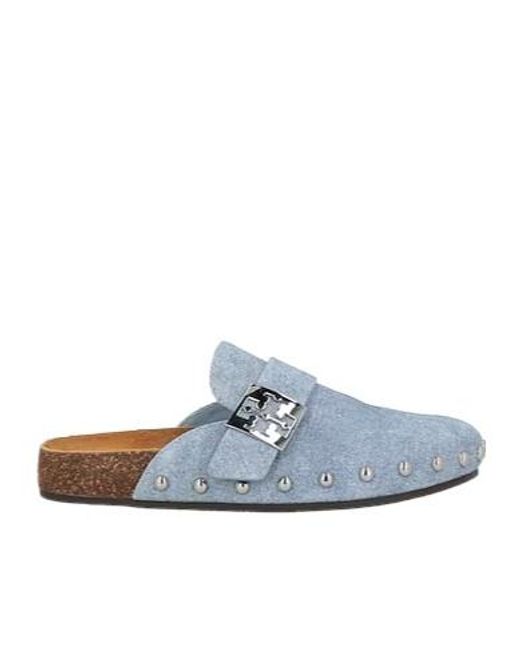 Tory Burch Blue Wooden Clogs With Appliqués
