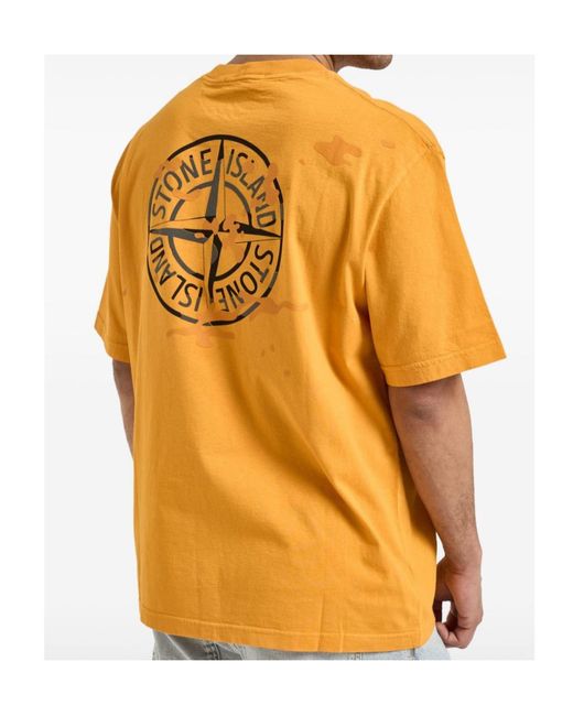 Stone Island Orange Camo Compass Printed Crewneck T-Shirt for men