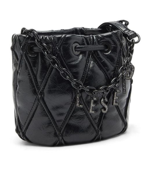 DIESEL Black Charm-D Diamond-Quilted Bucket Bag
