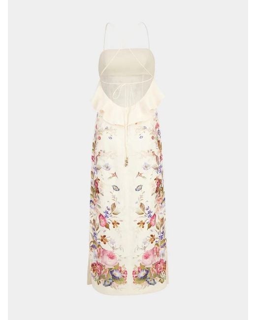 Zimmermann Natural Ruffled Floral Midi Dress