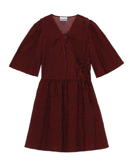 Ganni Red Sheer Tie String Wrap Dress