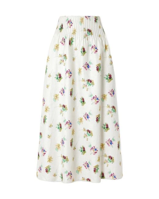 Gabriela Hearst White Penelope Pintucked Floral-Print Linen-Twill Maxi Skirt