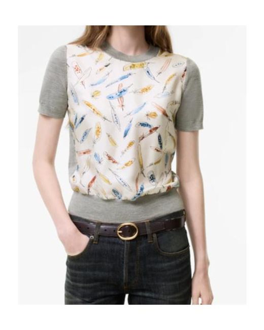 Burberry White Feather Print Panel Wool Silk T-Shirt