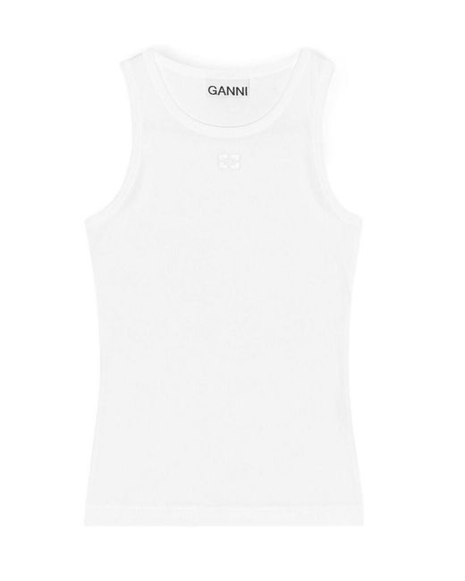 Ganni White Logo Embroidered Top