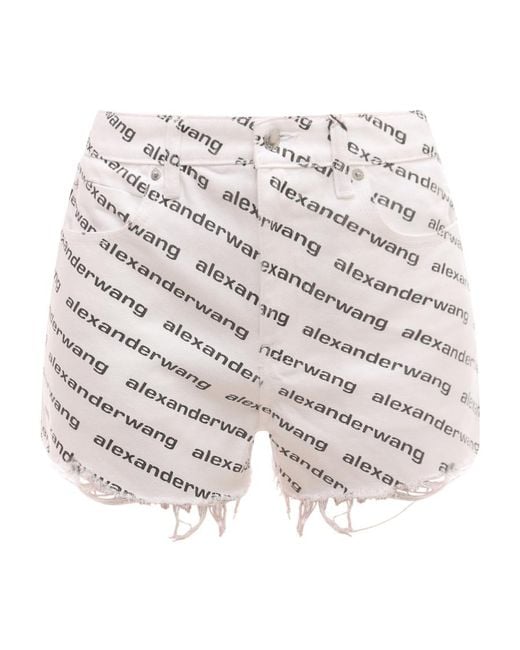 T By Alexander Wang White Logo Print Denim Shorts