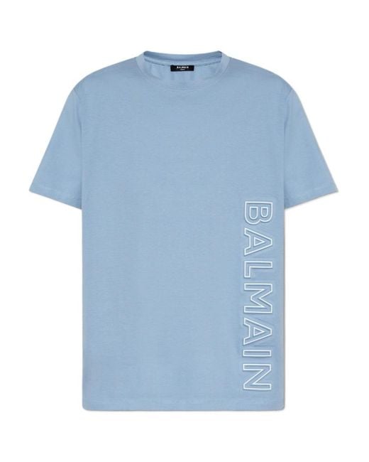 Balmain Blue Logo Embossed Crewneck T-Shirt for men