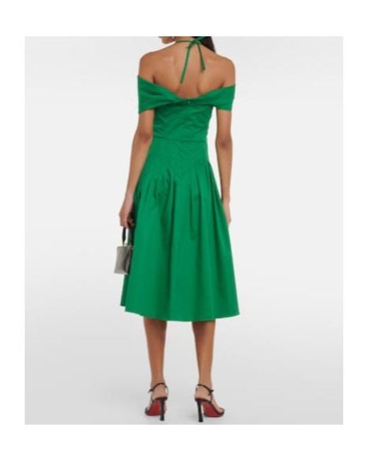 Oscar de la Renta Green Off-Shoulder Silk Midi Dress