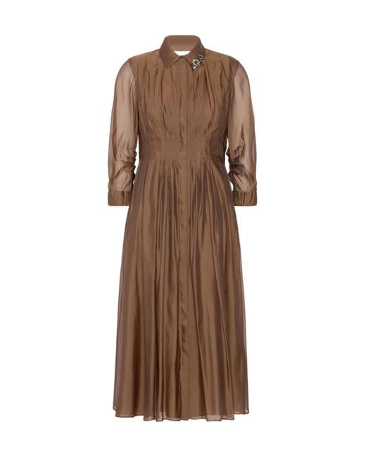 Max Mara Brown Crystal-Embellished Pleated Midi Dress