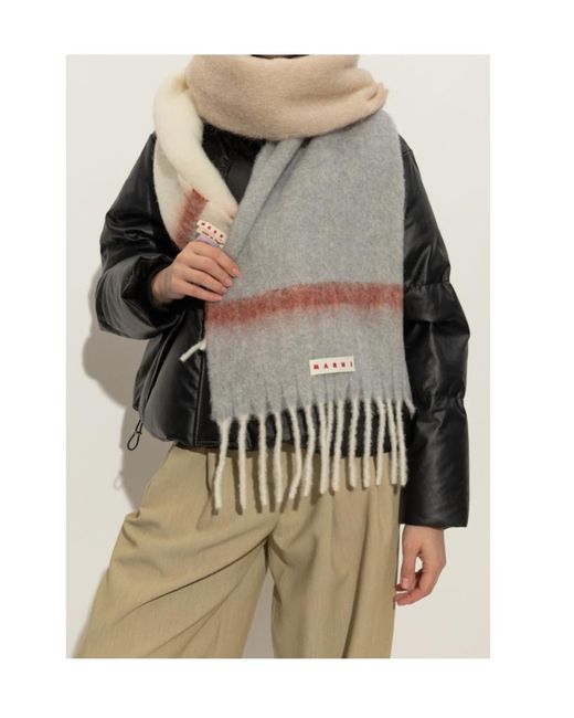 Marni Gray Logo Patch Fringed Scarf
