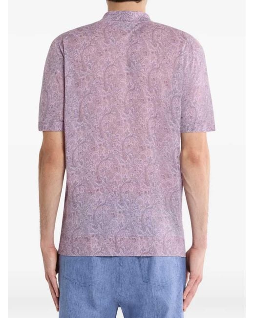 Etro Purple Linen-Blend Polo Shirt With Floral Motif for men