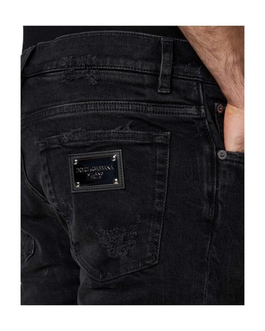 Dolce & Gabbana Black Logo Plaque Distressed Jeans for men