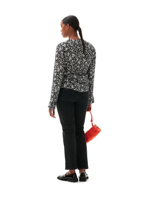 Ganni Gray Printed Crepe O-Neck Blouse