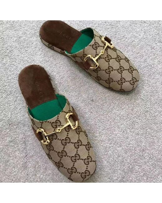 Gucci Brown Monogram Pattern Horsebit Mules