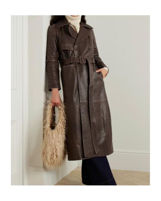 Nour Hammour Brown Valetta Double-Breasted Lace Leather Windbreaker