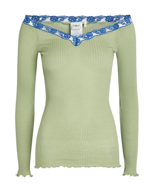 Chloé Green V-Neck Lace Trim Top